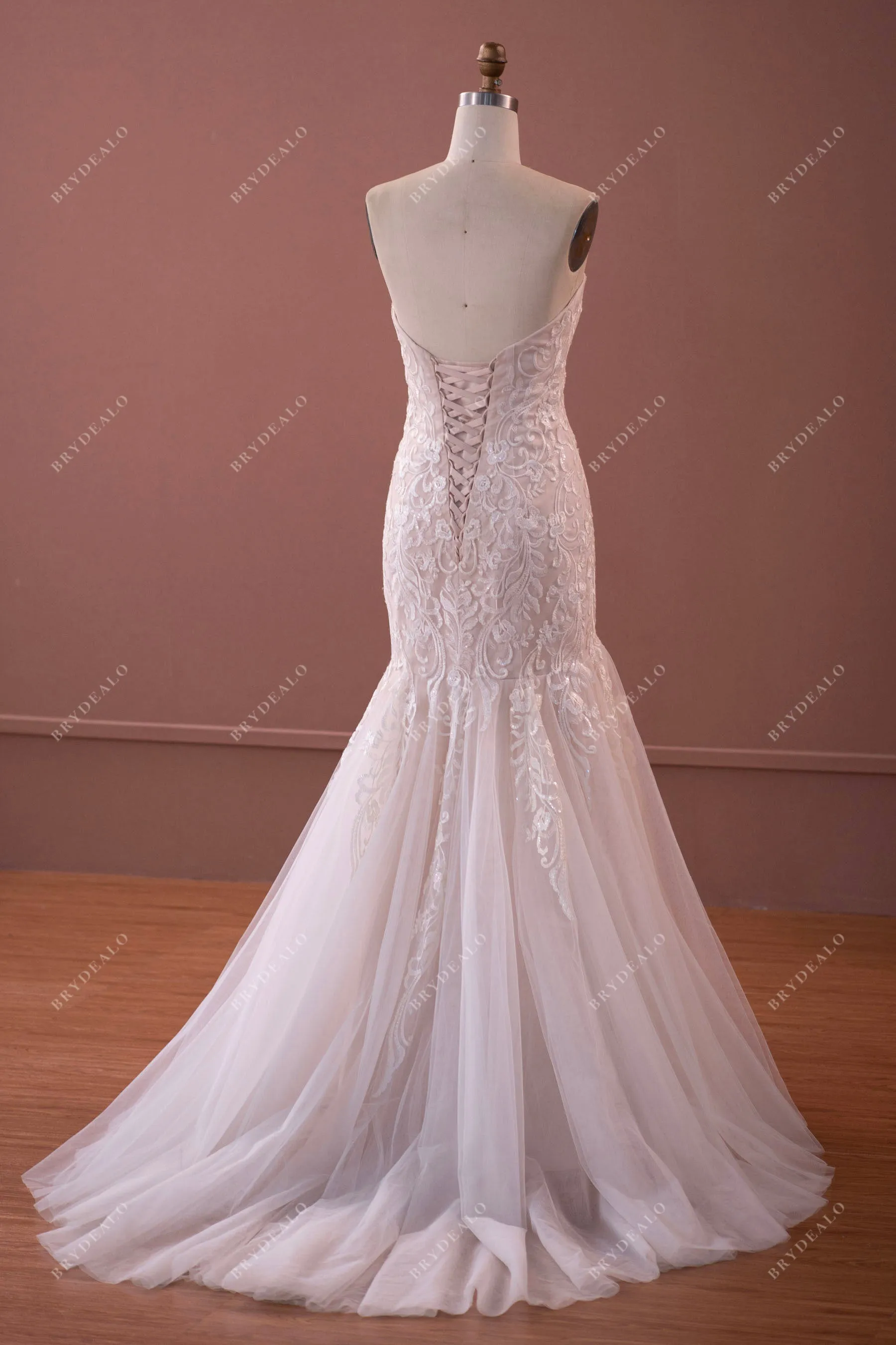 Strapless Sweetheart Lace Tulle Mermaid Nude Destination Wedding Gown