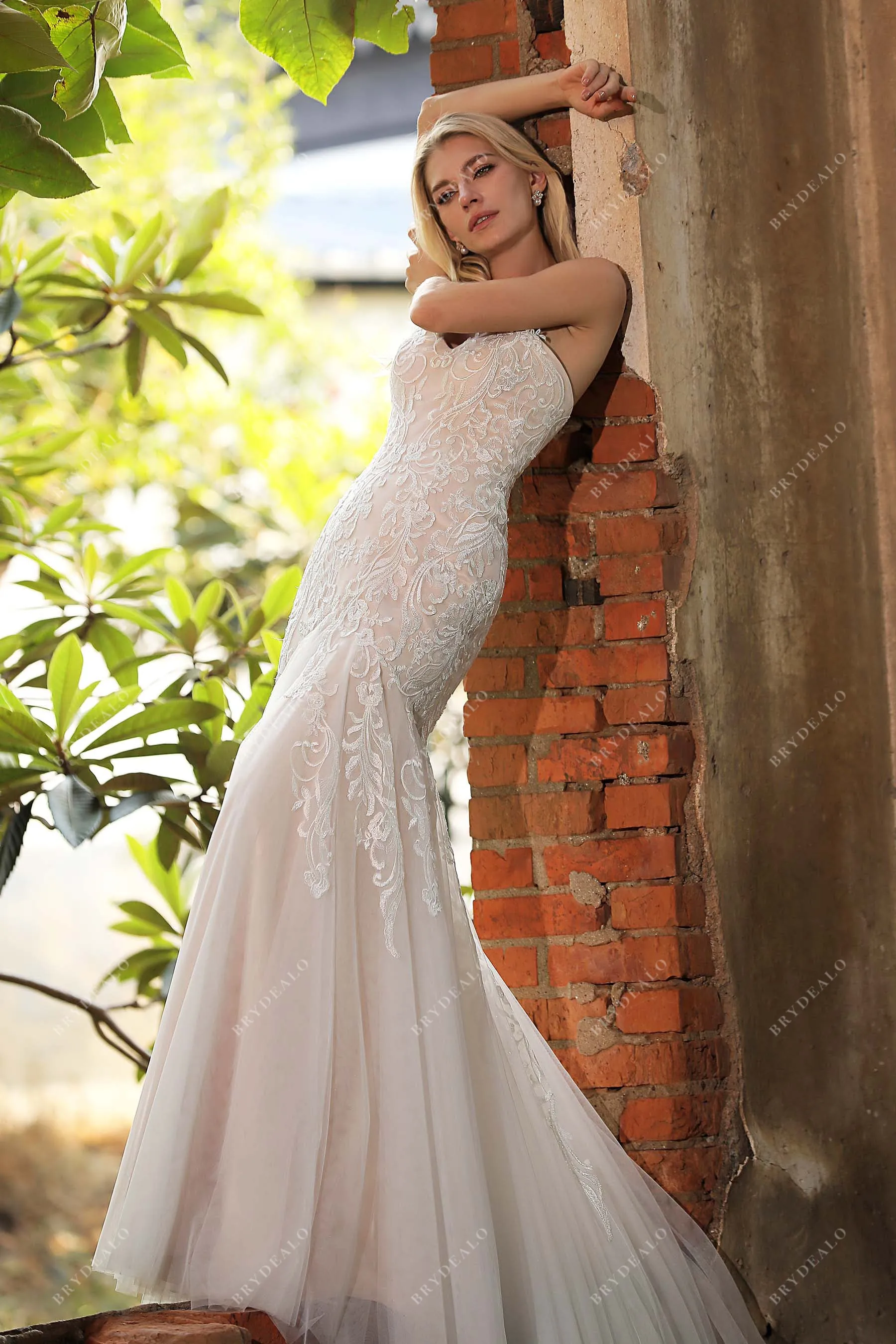 Strapless Sweetheart Lace Tulle Mermaid Nude Destination Wedding Gown