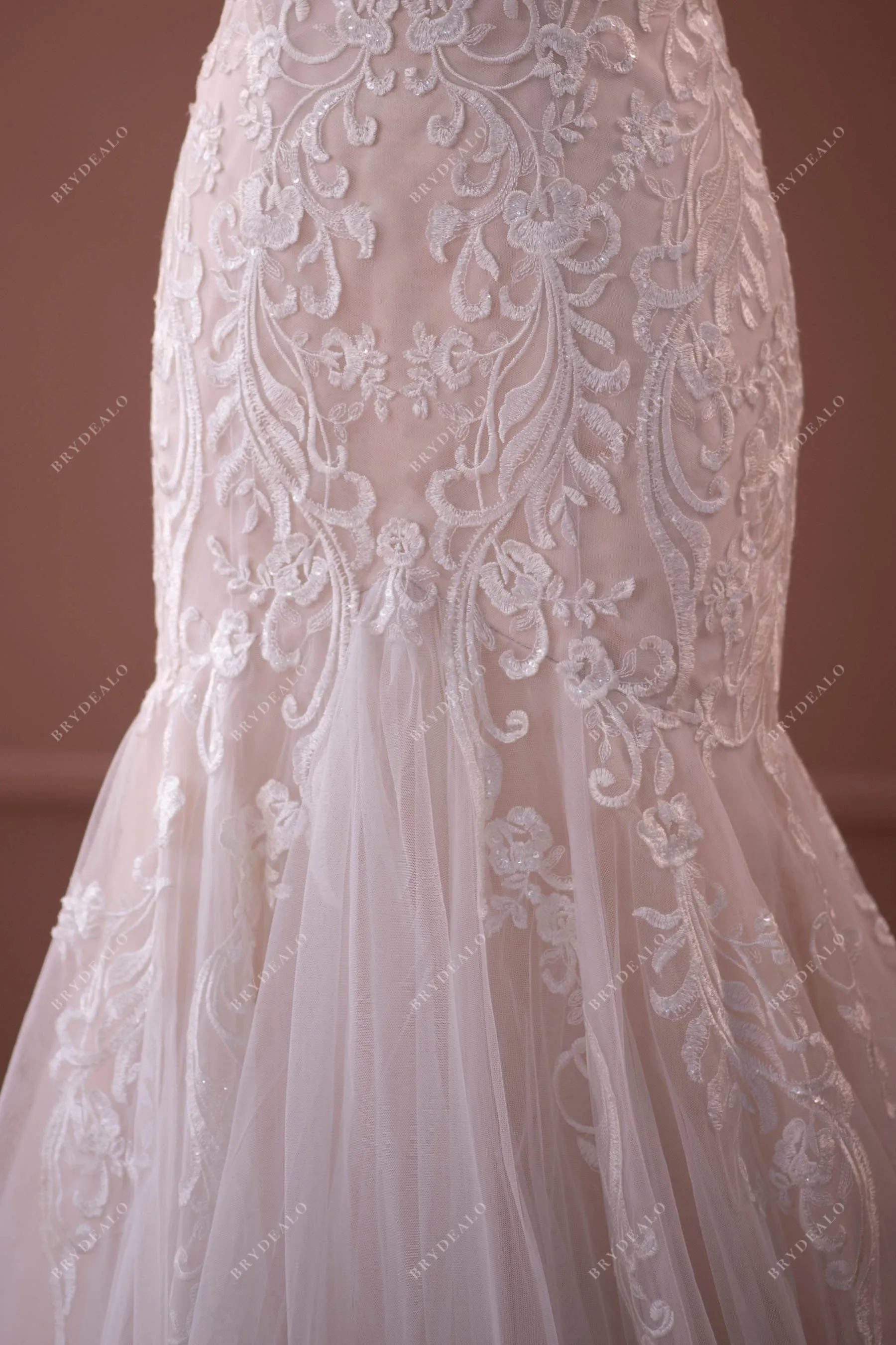 Strapless Sweetheart Lace Tulle Mermaid Nude Destination Wedding Gown