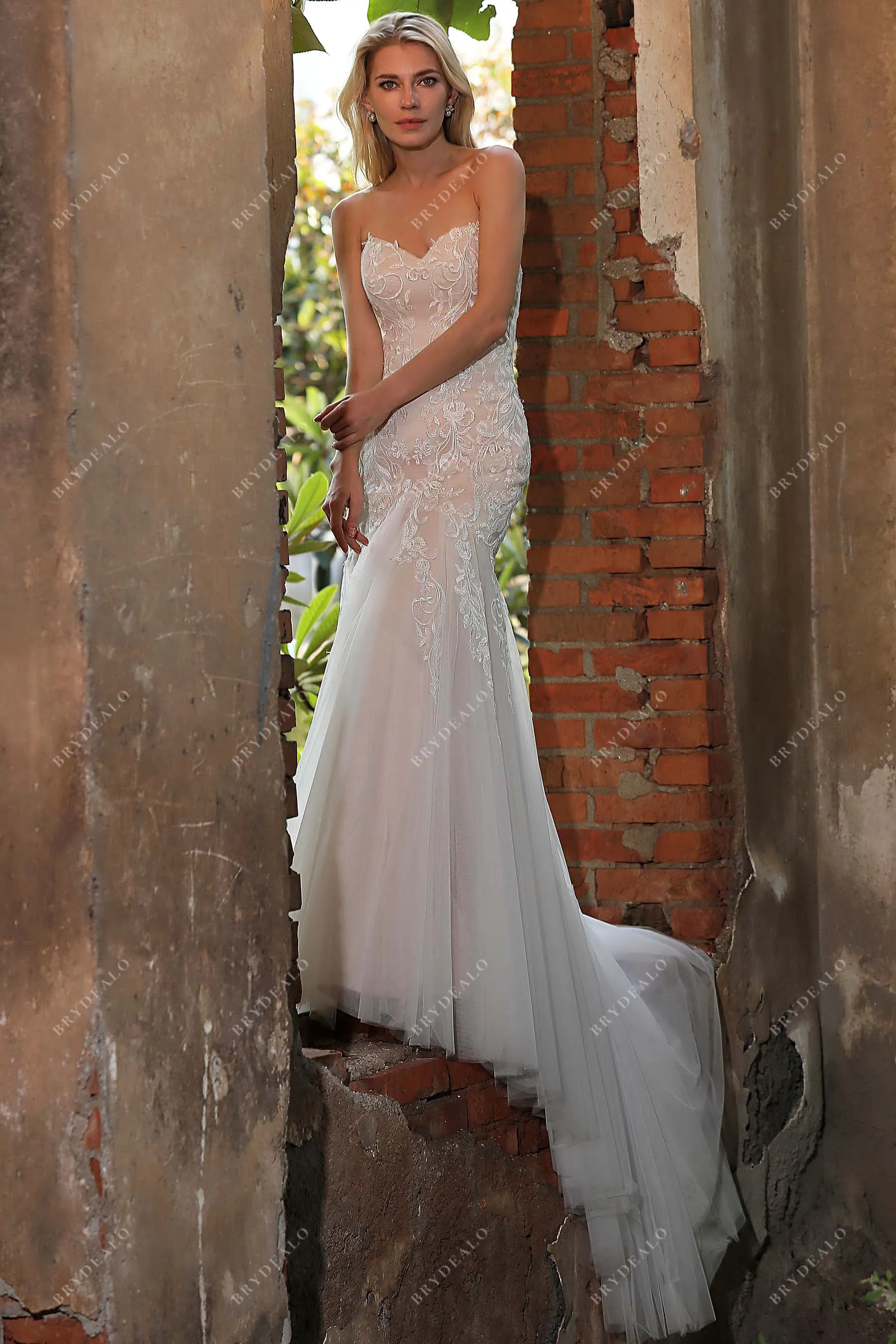 Strapless Sweetheart Lace Tulle Mermaid Nude Destination Wedding Gown