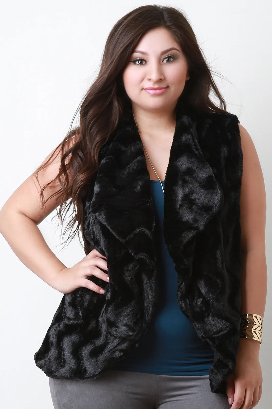 Striped Texture Faux Fur Vest