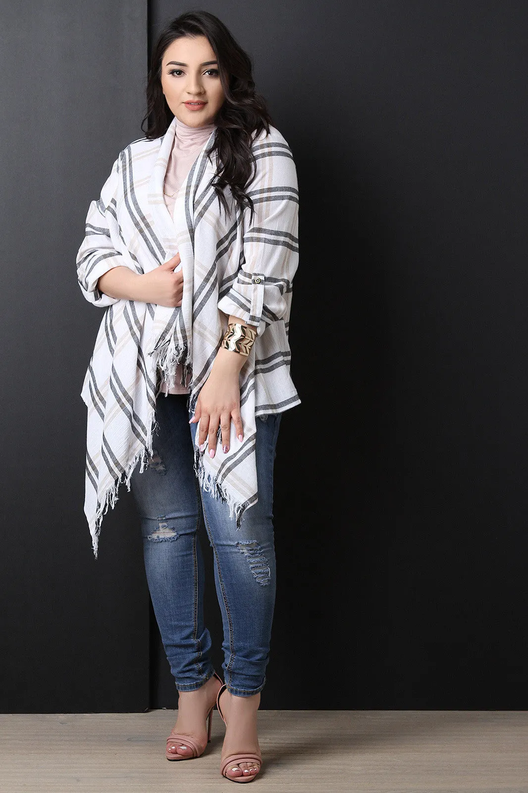 Textured Plaid Long Sleeve Cardigan