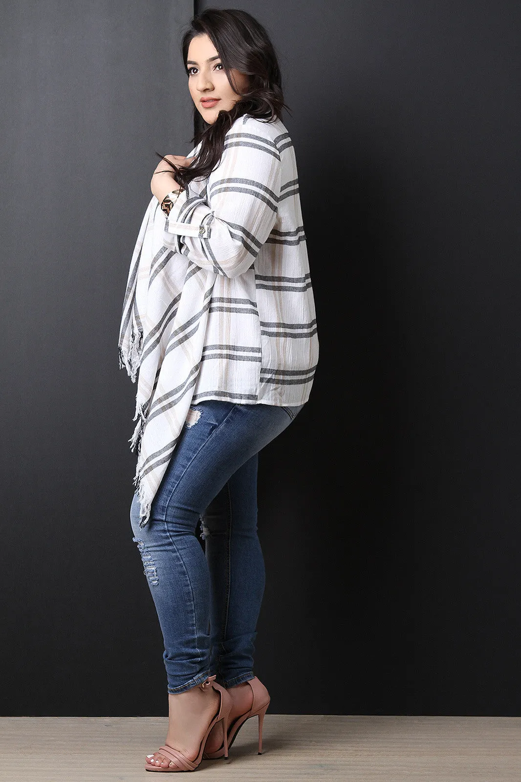 Textured Plaid Long Sleeve Cardigan