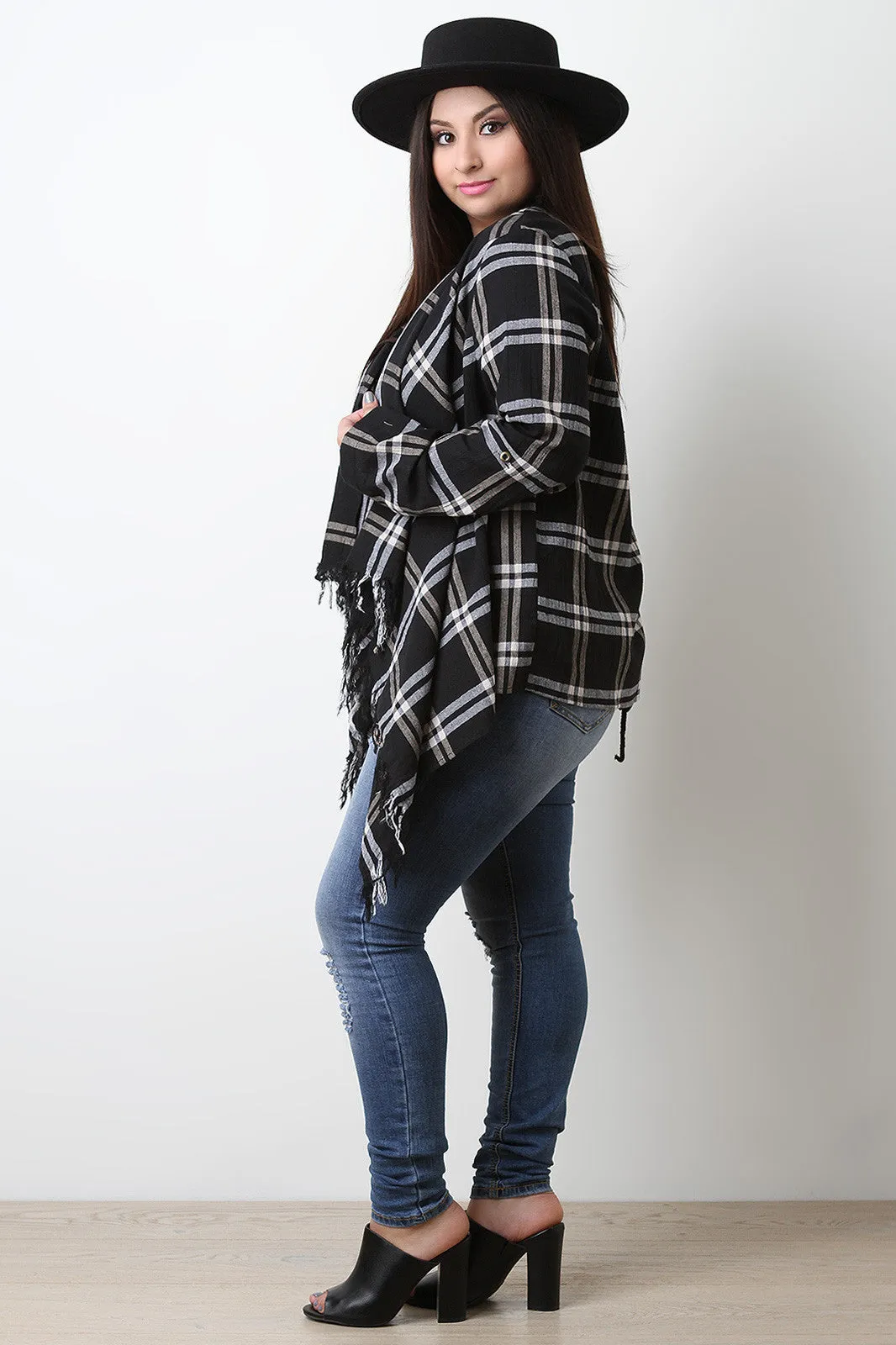 Textured Plaid Long Sleeve Cardigan