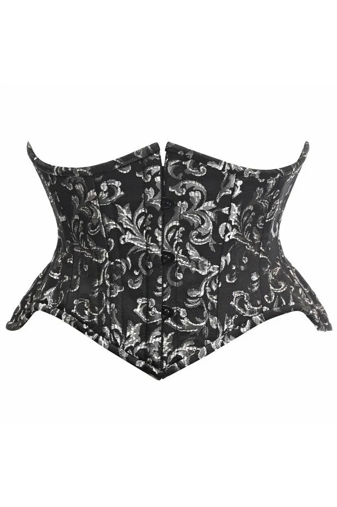 Top Drawer Black/Silver Brocade Double Steel Boned Mini Cincher Corset