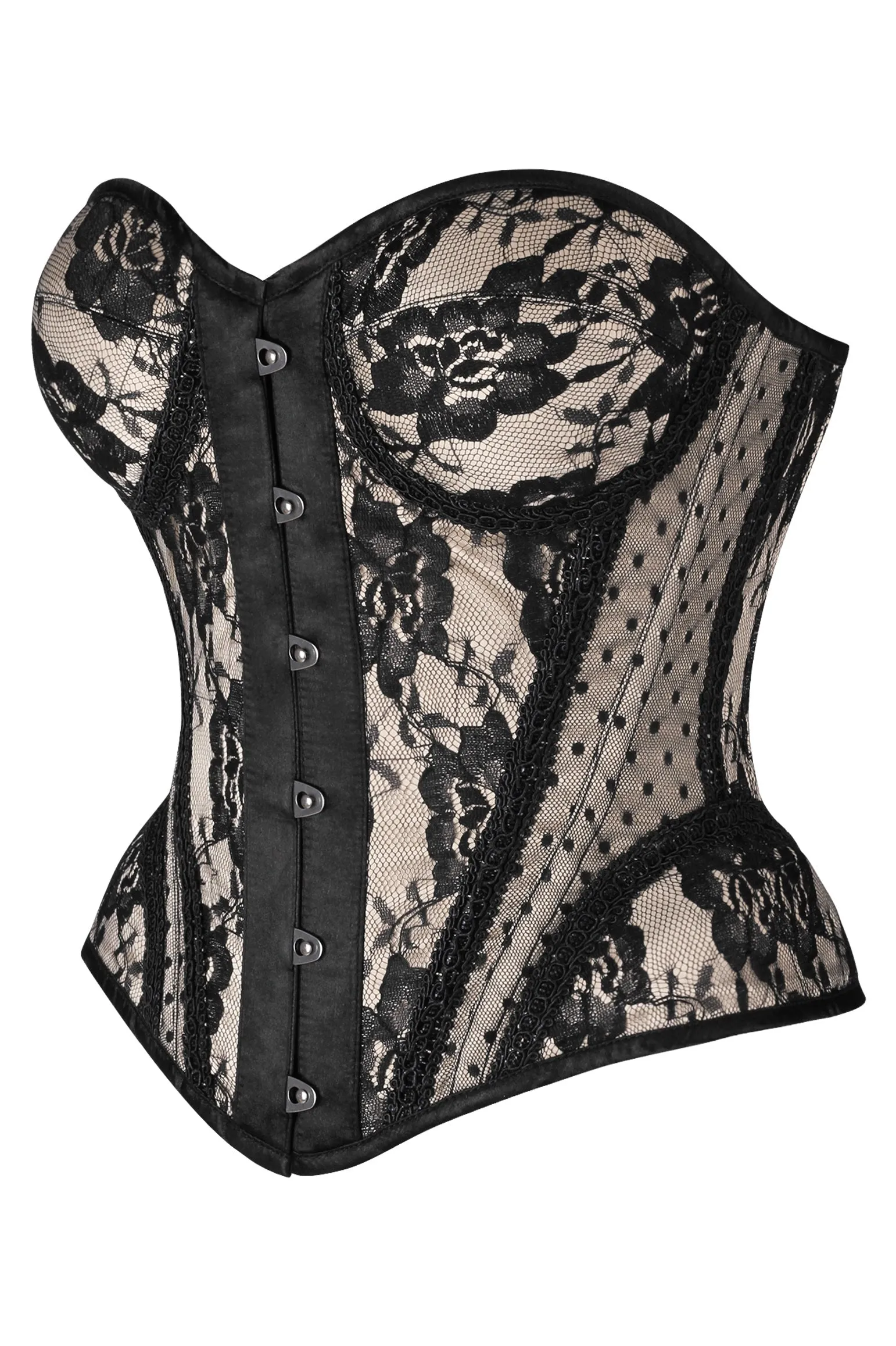 Top Drawer Nude w/Black Lace Steel Boned Underwire Bustier Corset