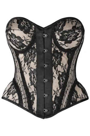 Top Drawer Nude w/Black Lace Steel Boned Underwire Bustier Corset