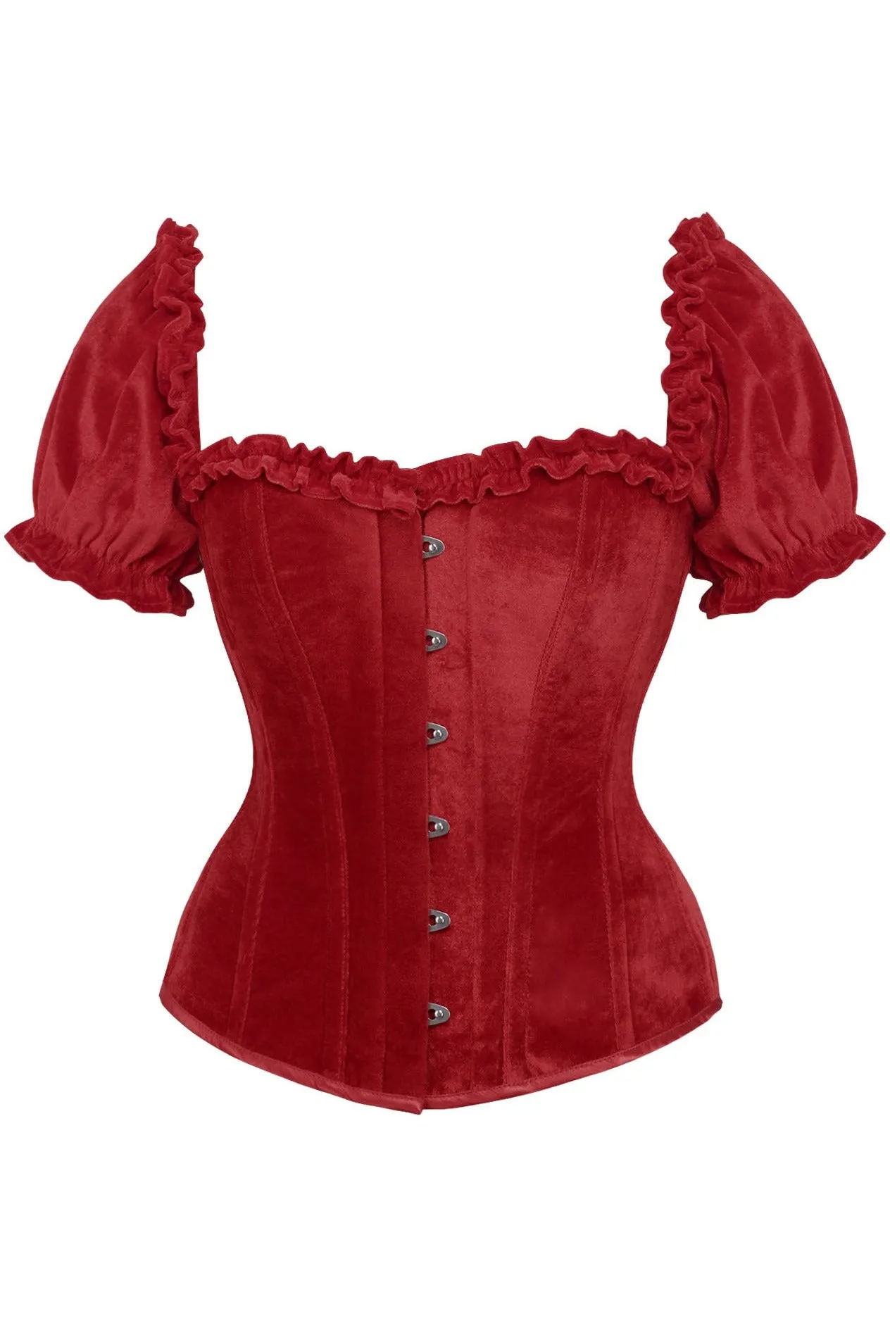 Top Drawer Steel Boned Dark Red Velvet Overbust Corset w/Sleeves