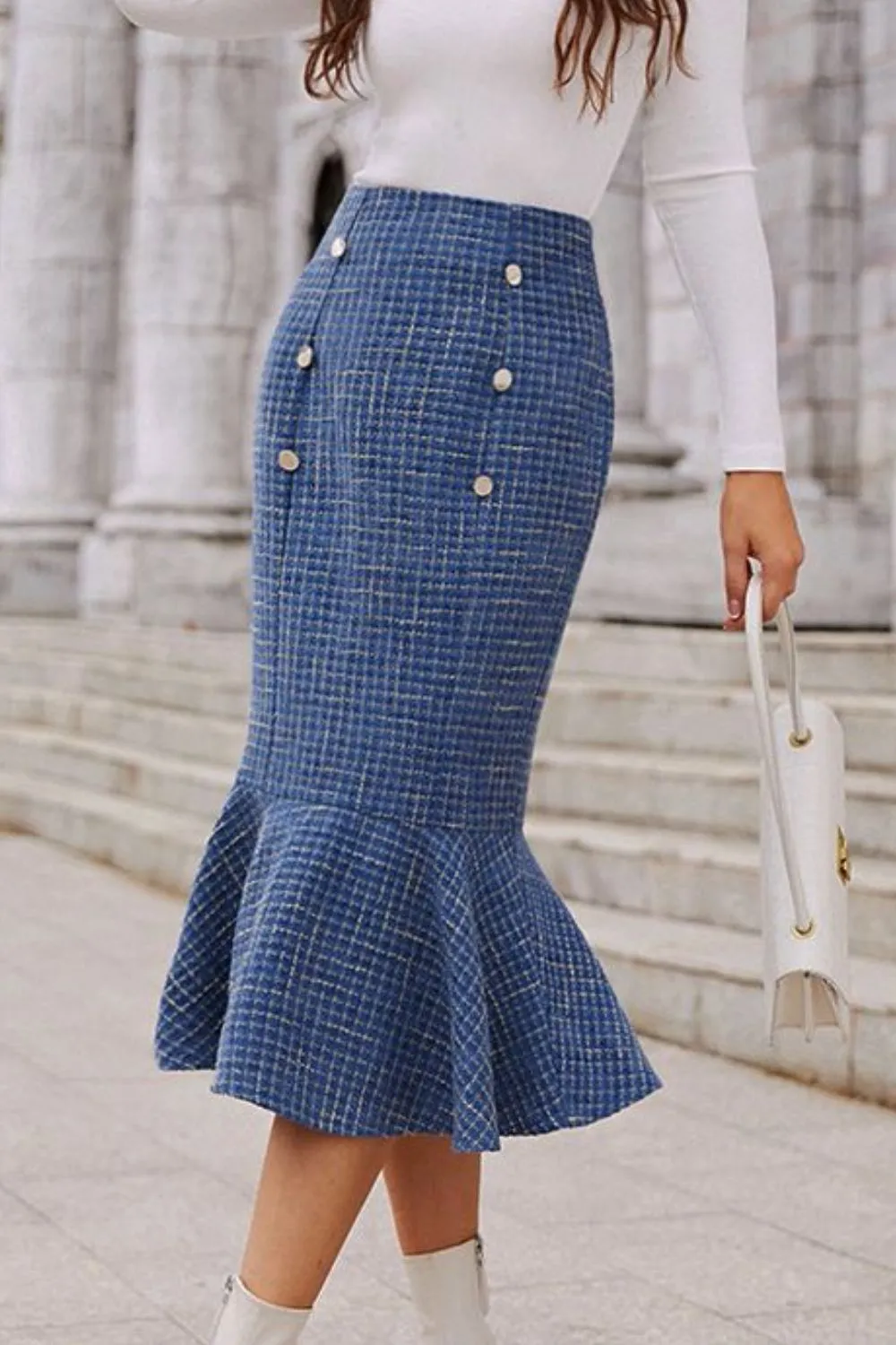 Tweed Buttoned Fishtail Skirt