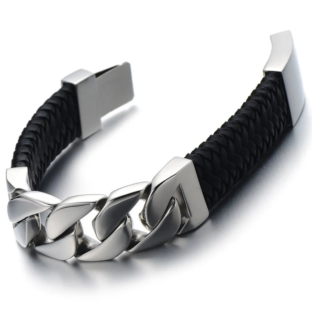 Unique Mens Stainless Steel Curb Chain and Genuine Braided Leather Bracelet with Spring Box Clasp