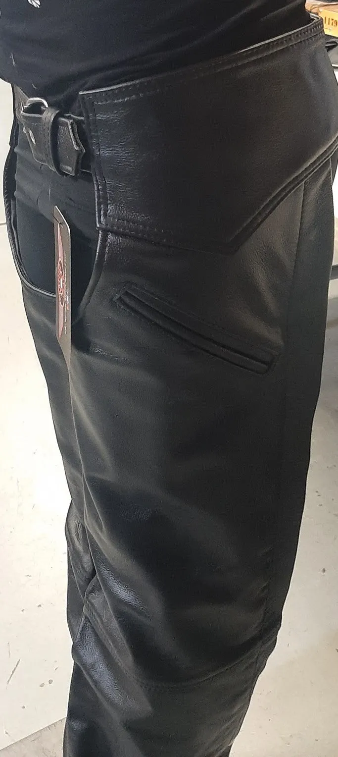 Unisex Black Leather Motorcycle Chaps - Slash Pocket