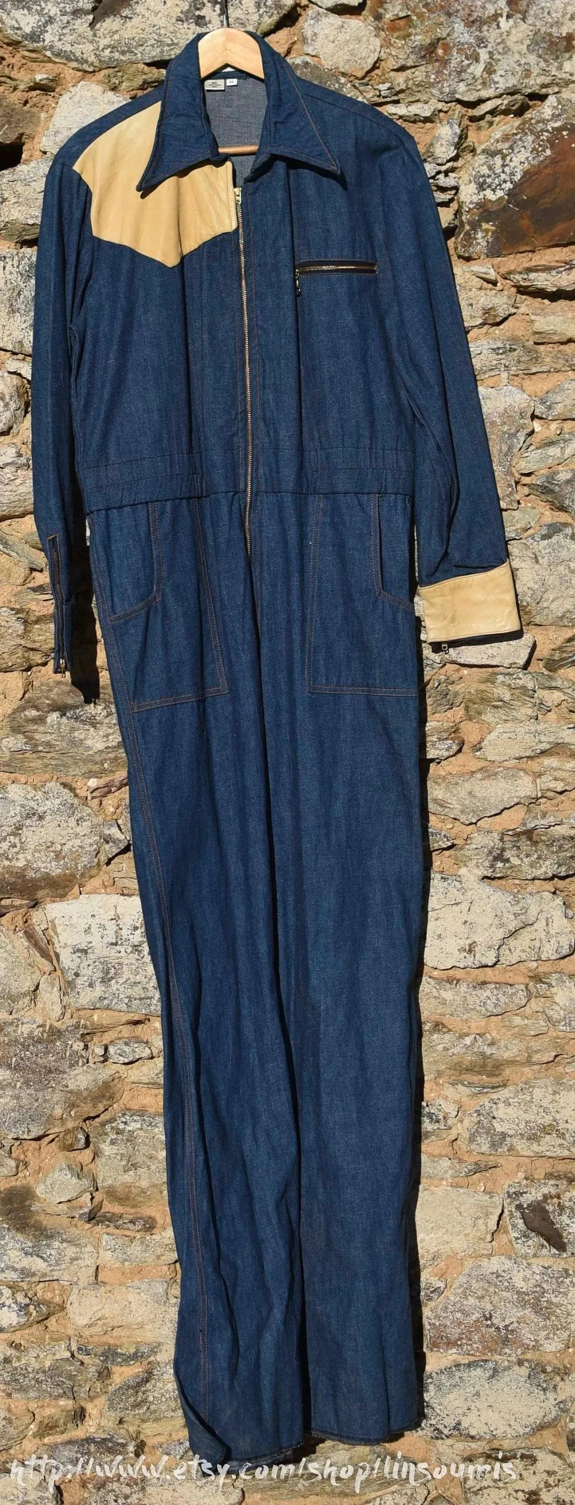 USA Coverall 70's en denim et cuir / Combinaison vintage 70's