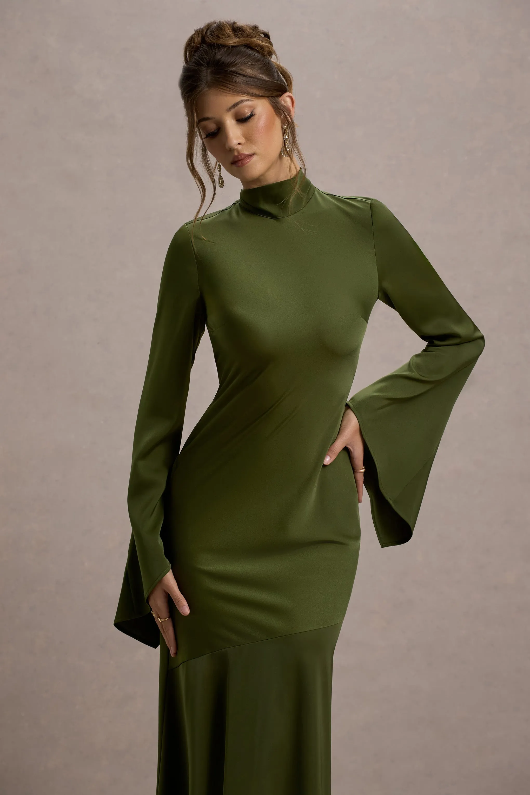 Veena | Olive Green Satin High-Neck Cut-Out Maxi Dress