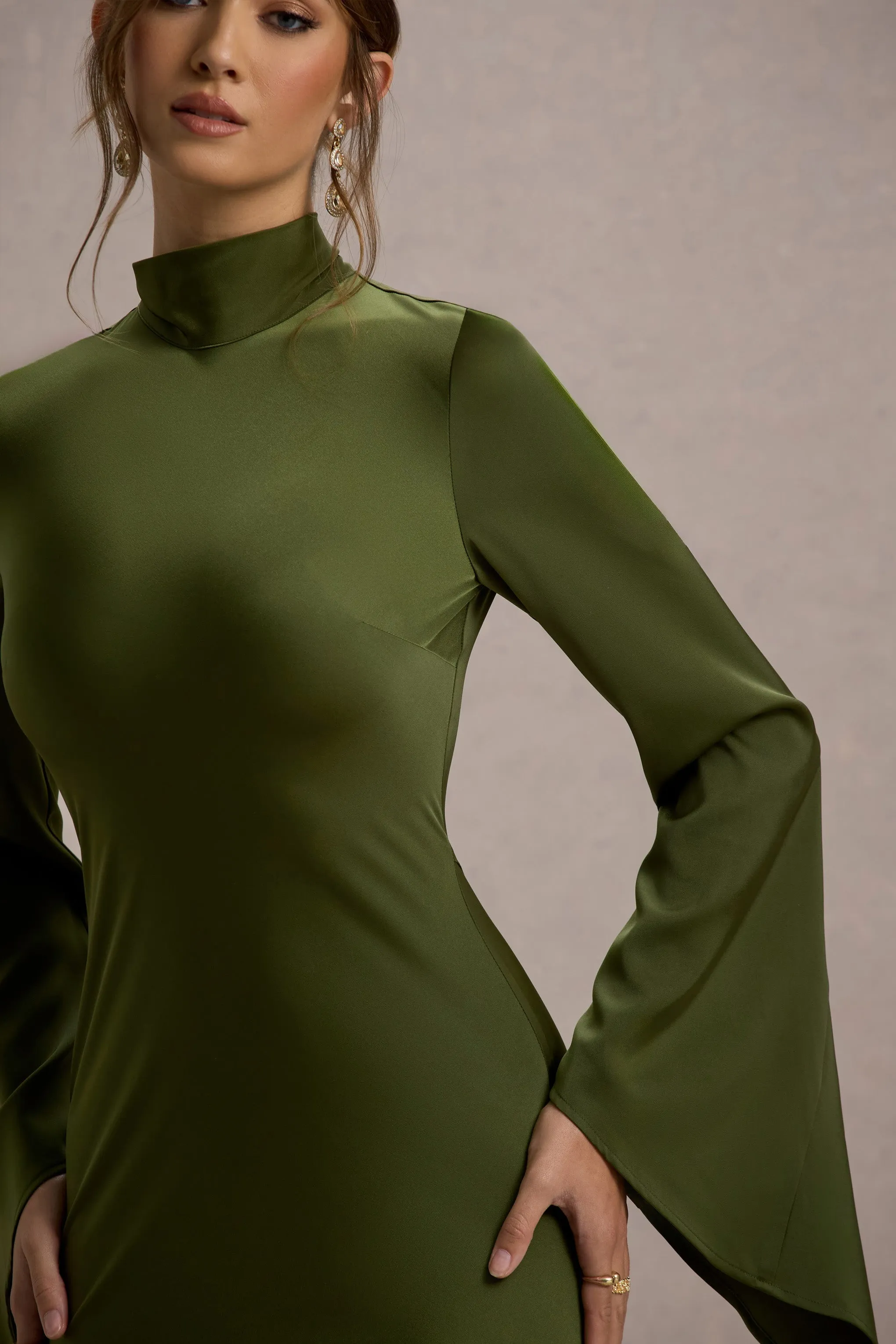 Veena | Olive Green Satin High-Neck Cut-Out Maxi Dress