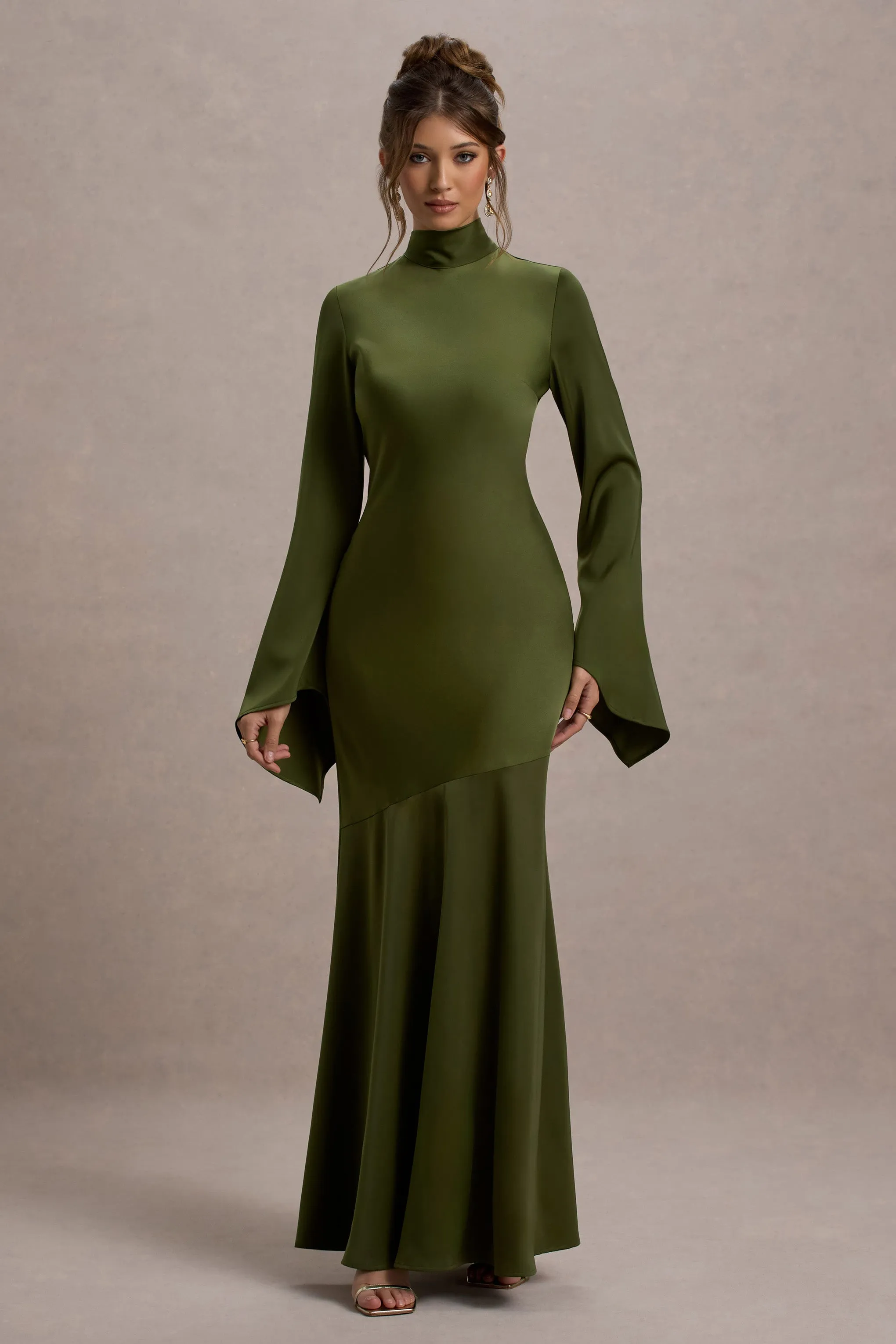 Veena | Olive Green Satin High-Neck Cut-Out Maxi Dress