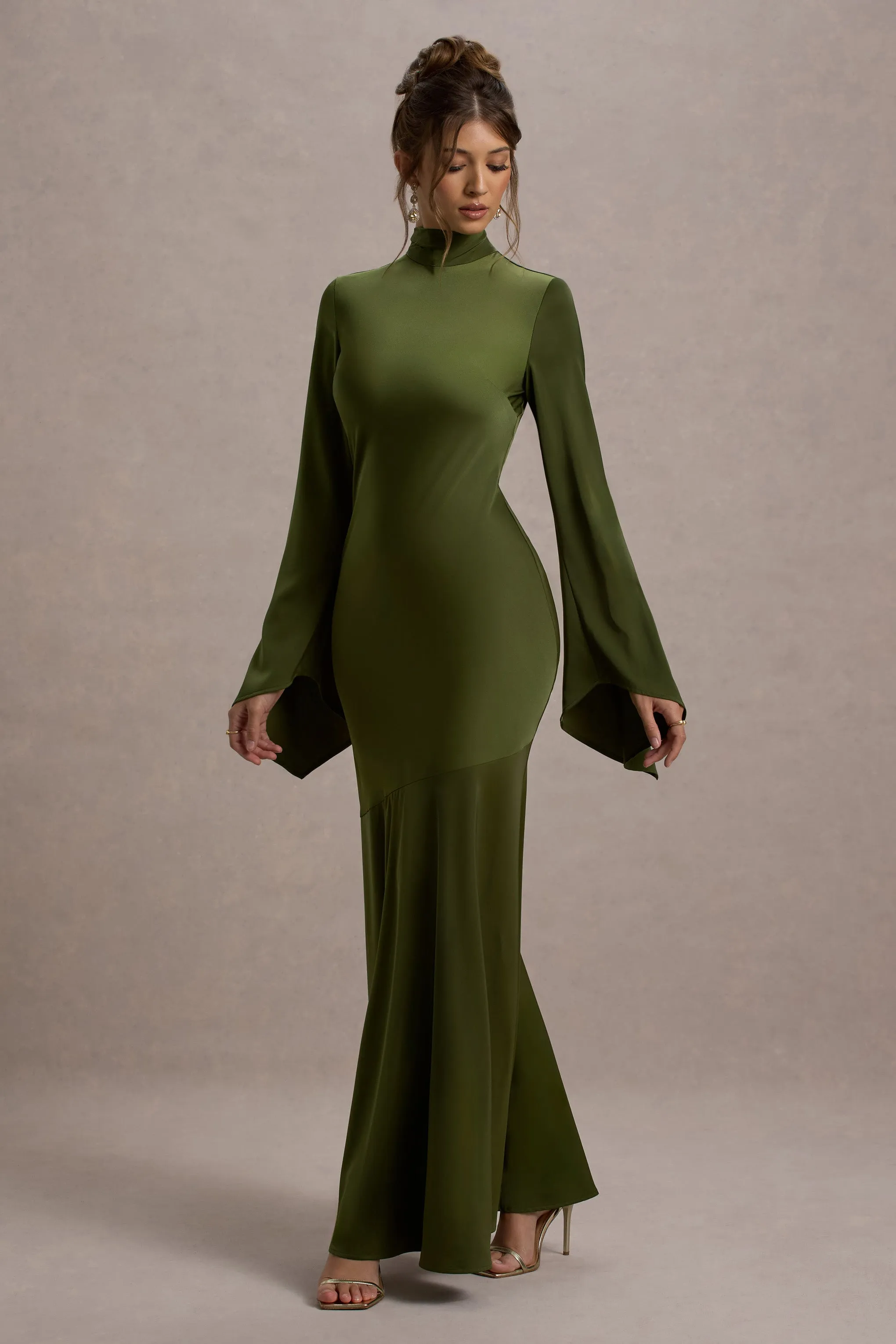 Veena | Olive Green Satin High-Neck Cut-Out Maxi Dress