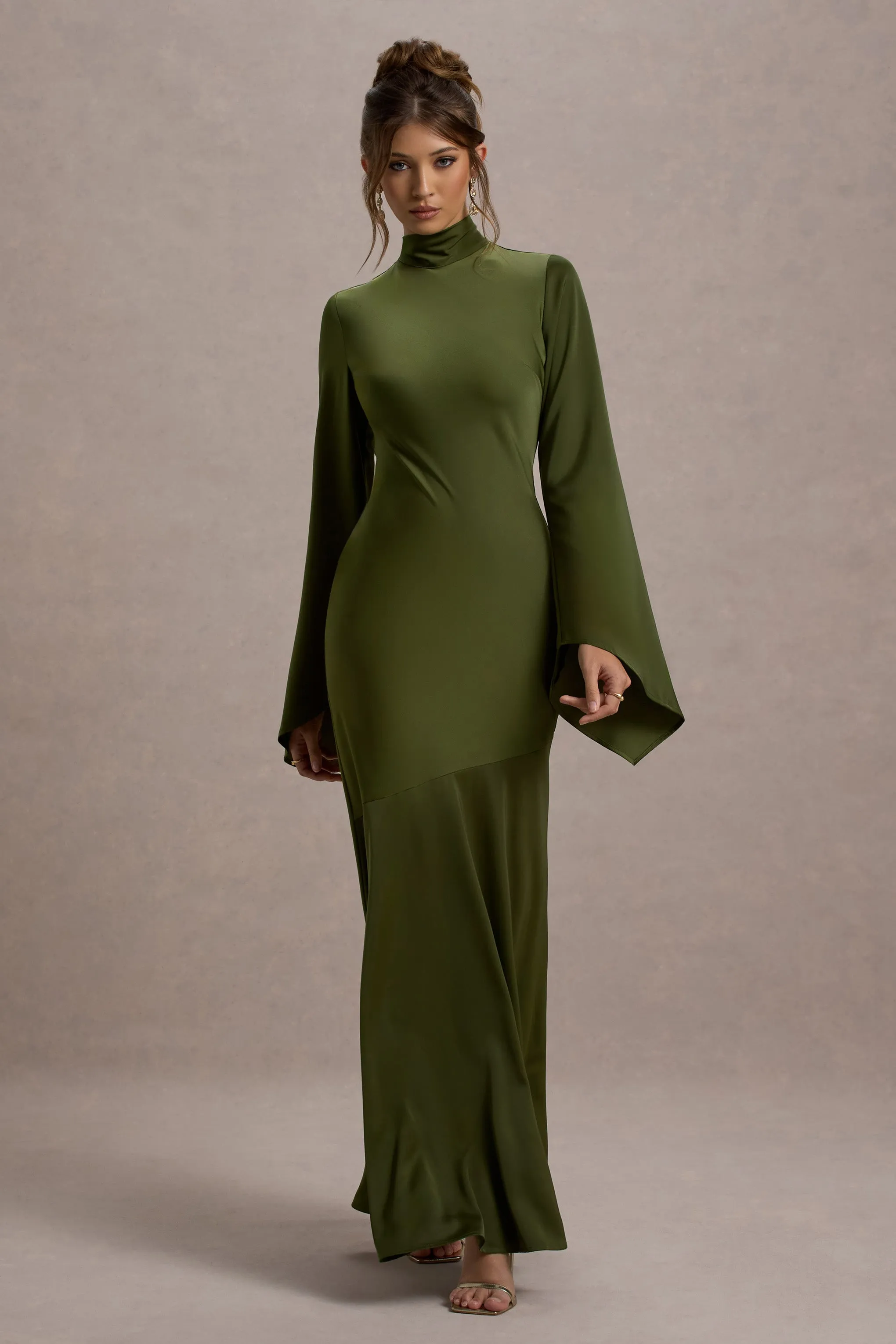 Veena | Olive Green Satin High-Neck Cut-Out Maxi Dress