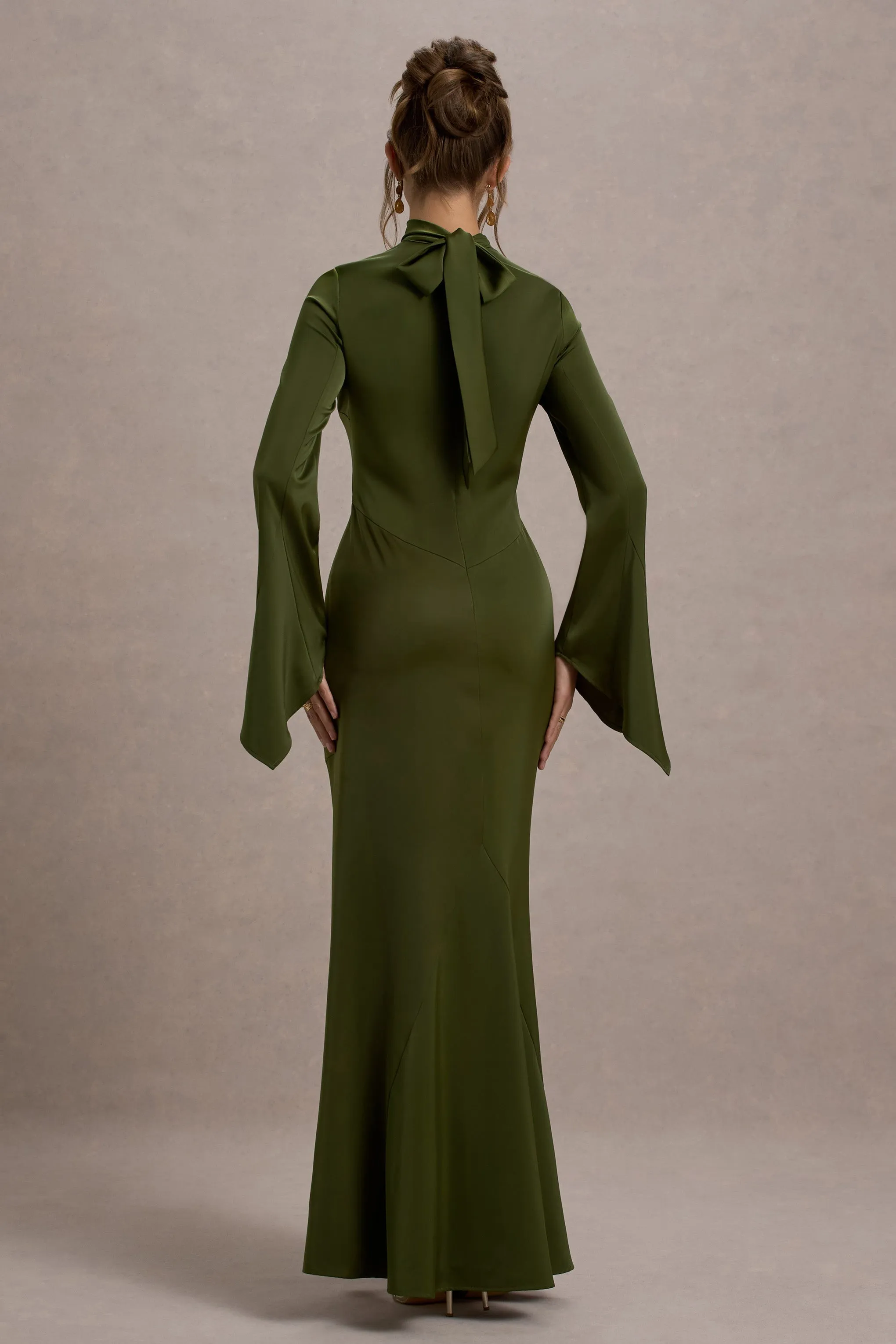 Veena | Olive Green Satin High-Neck Cut-Out Maxi Dress