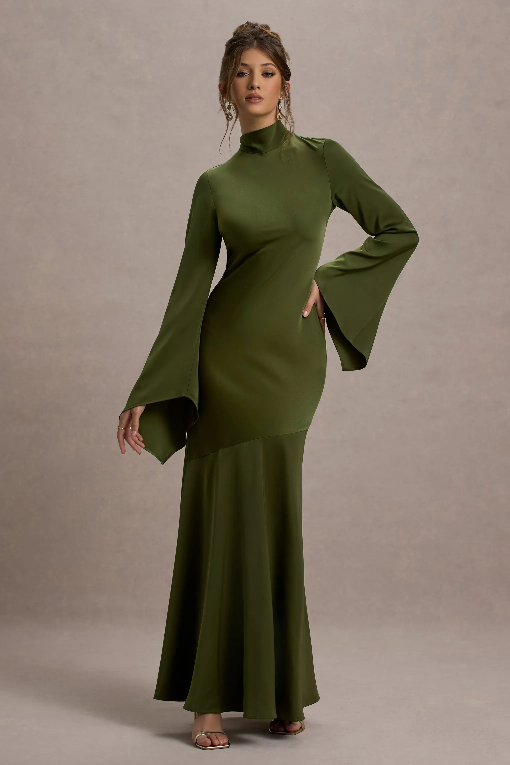 Veena | Olive Green Satin High-Neck Cut-Out Maxi Dress