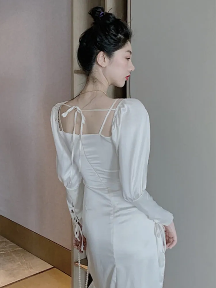 Wenkouban white dress Hepburn Style White Summer Scheming Dress New Style Wooden Ear Square Collar Mid-Length Elegant Fishtail Skirt