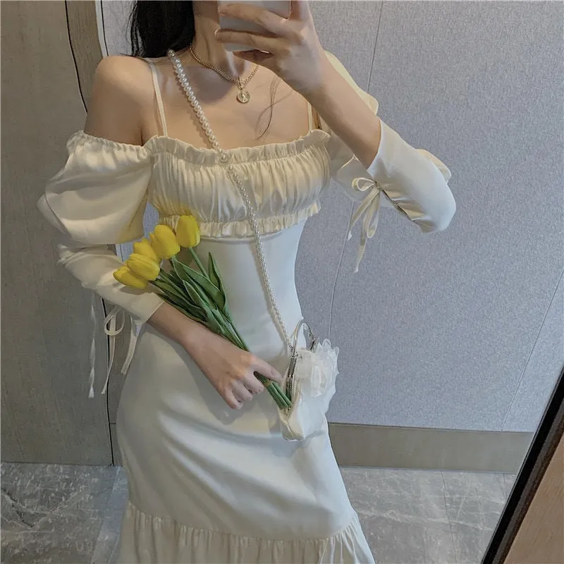 Wenkouban white dress Hepburn Style White Summer Scheming Dress New Style Wooden Ear Square Collar Mid-Length Elegant Fishtail Skirt