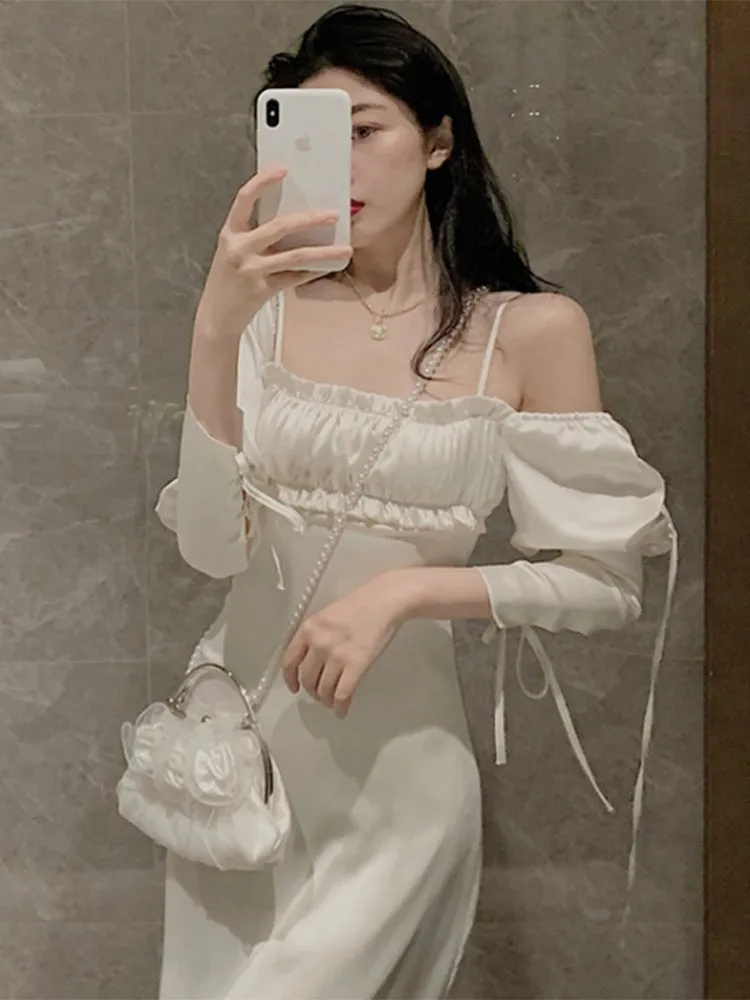 Wenkouban white dress Hepburn Style White Summer Scheming Dress New Style Wooden Ear Square Collar Mid-Length Elegant Fishtail Skirt