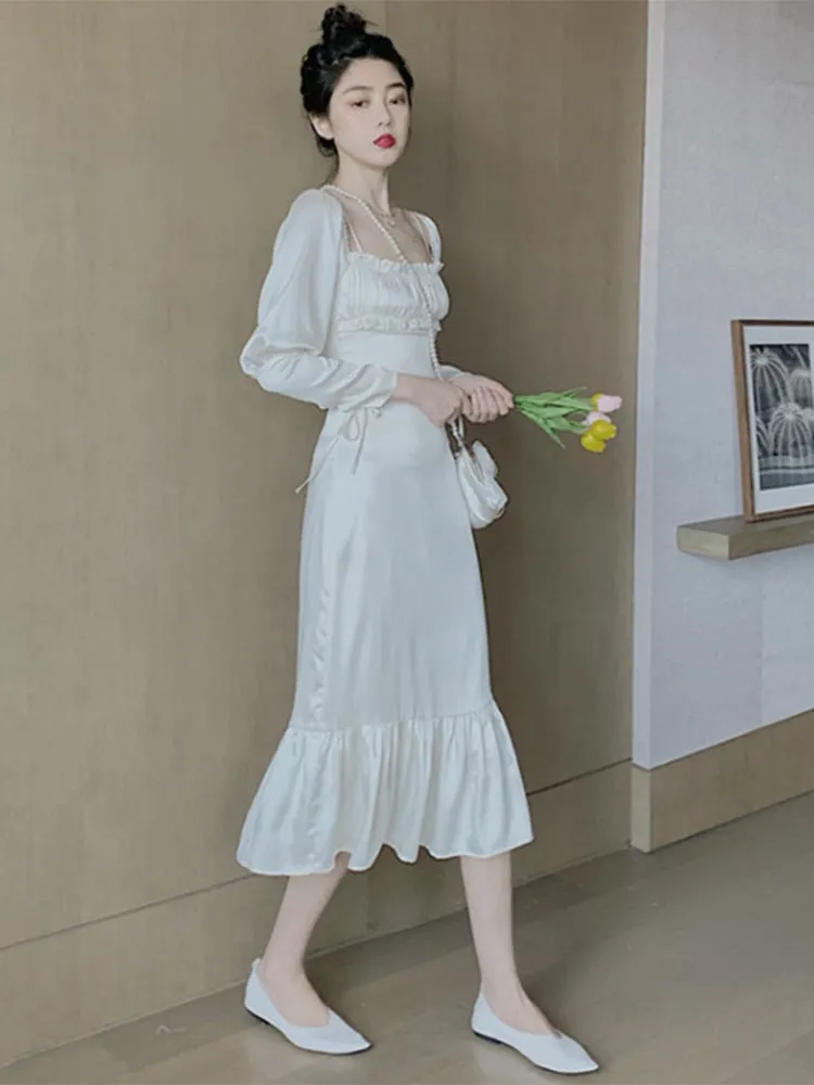 Wenkouban white dress Hepburn Style White Summer Scheming Dress New Style Wooden Ear Square Collar Mid-Length Elegant Fishtail Skirt