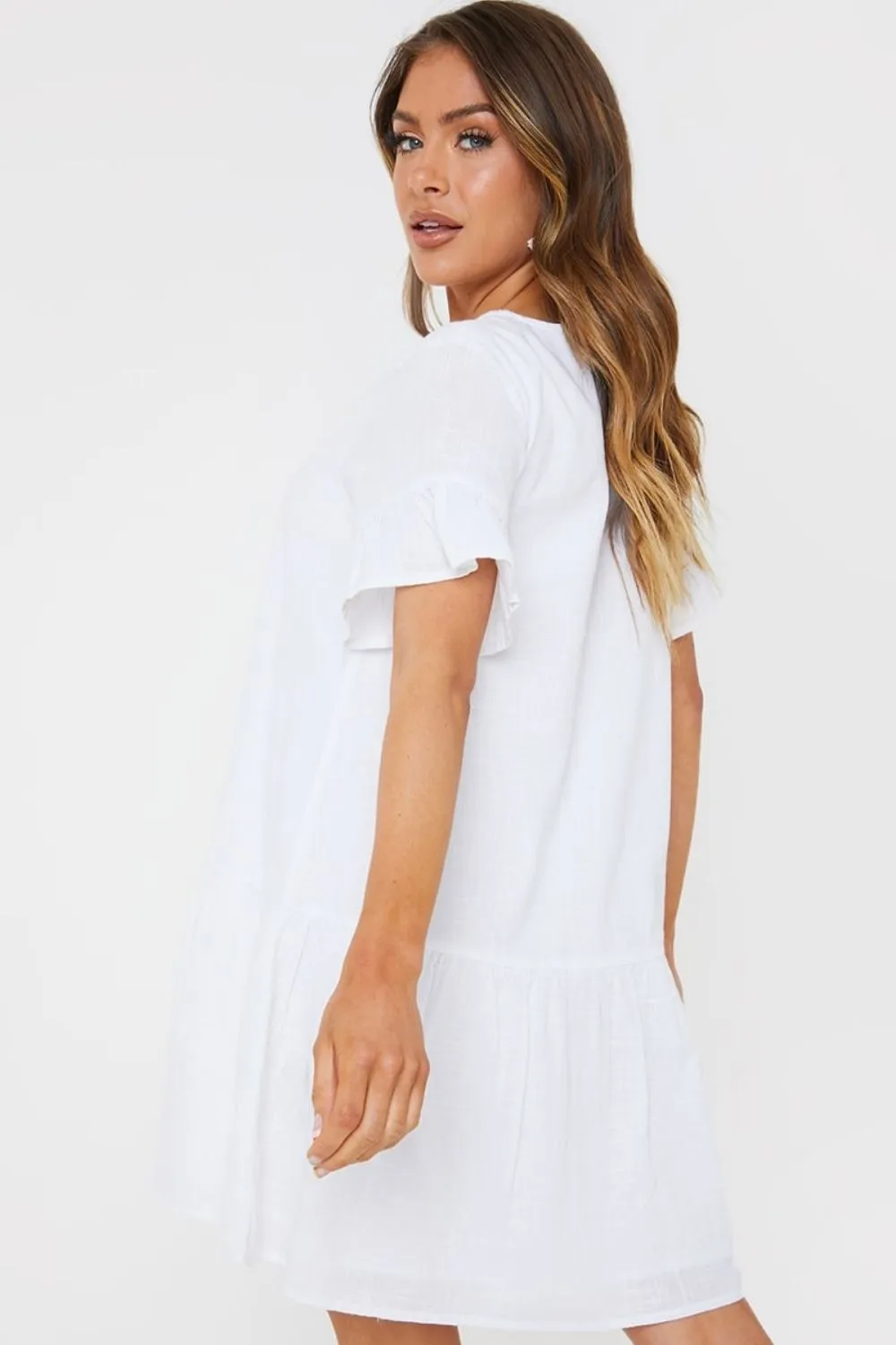 White Button Through Smock Dress