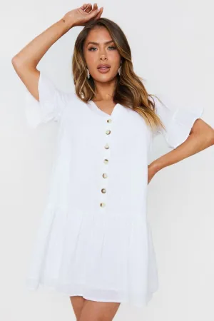 White Button Through Smock Dress