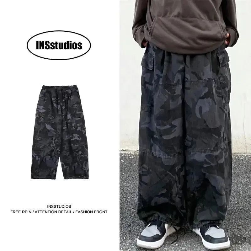 Wiaofellas  -  American Men's Overalls  Retro Trousers Camouflage Overalls  Wide-leg Pants Loose Straight-leg Pants Streetwear Men