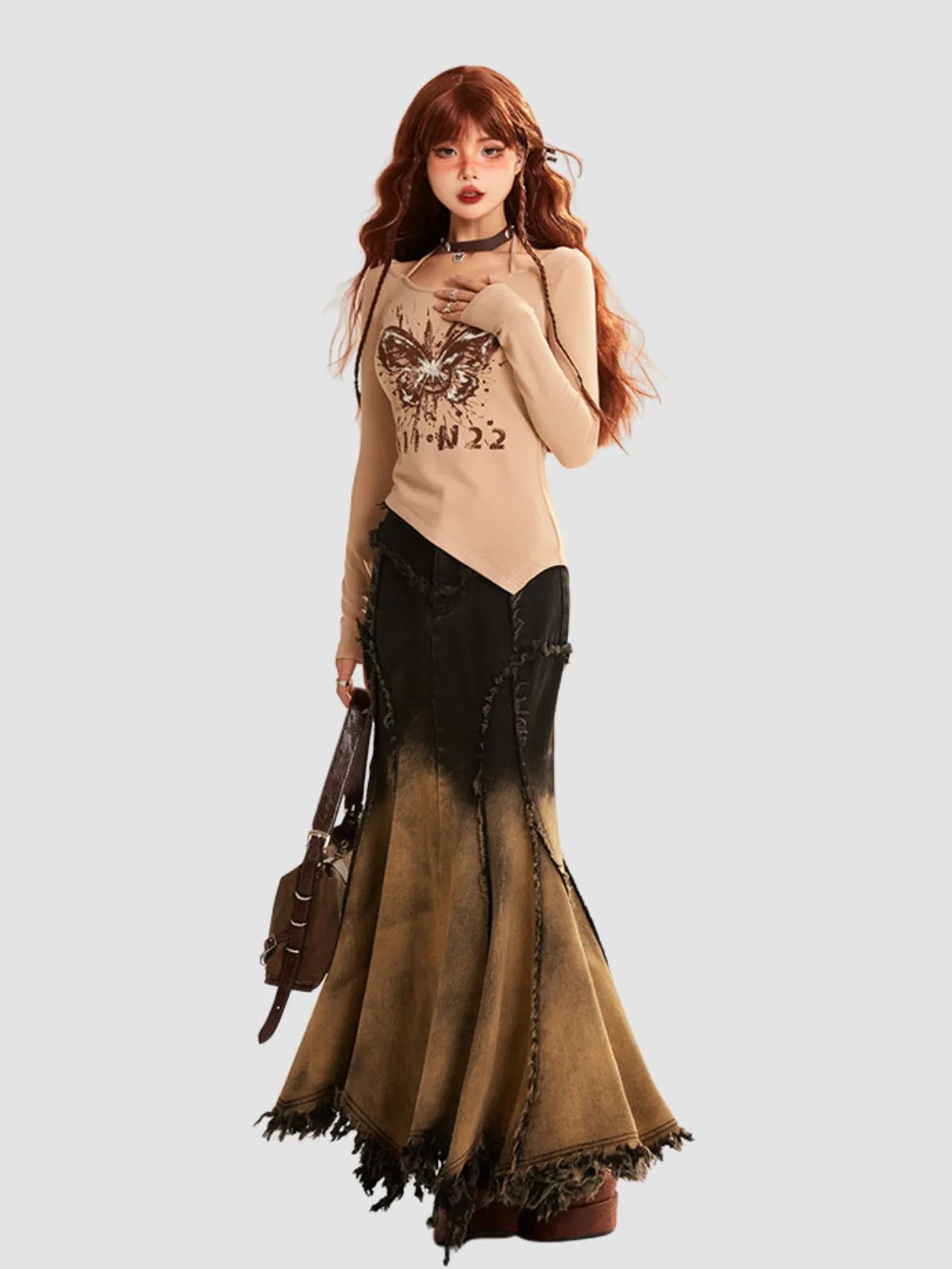 WLS Retro Distressed Denim Irregular Skirt