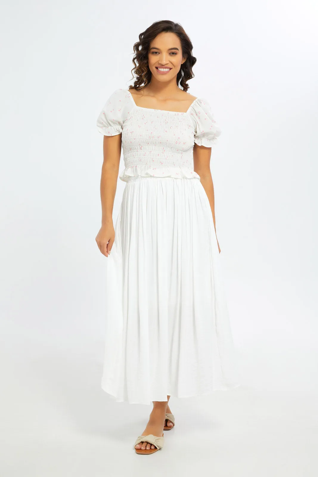 Women Pleated White Maxi Skirt