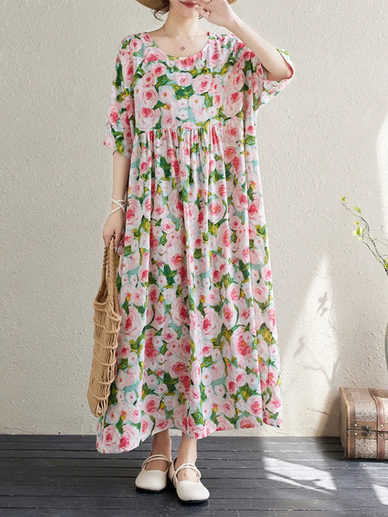 Women's Summer Printed Flower High Waist Smock Dress