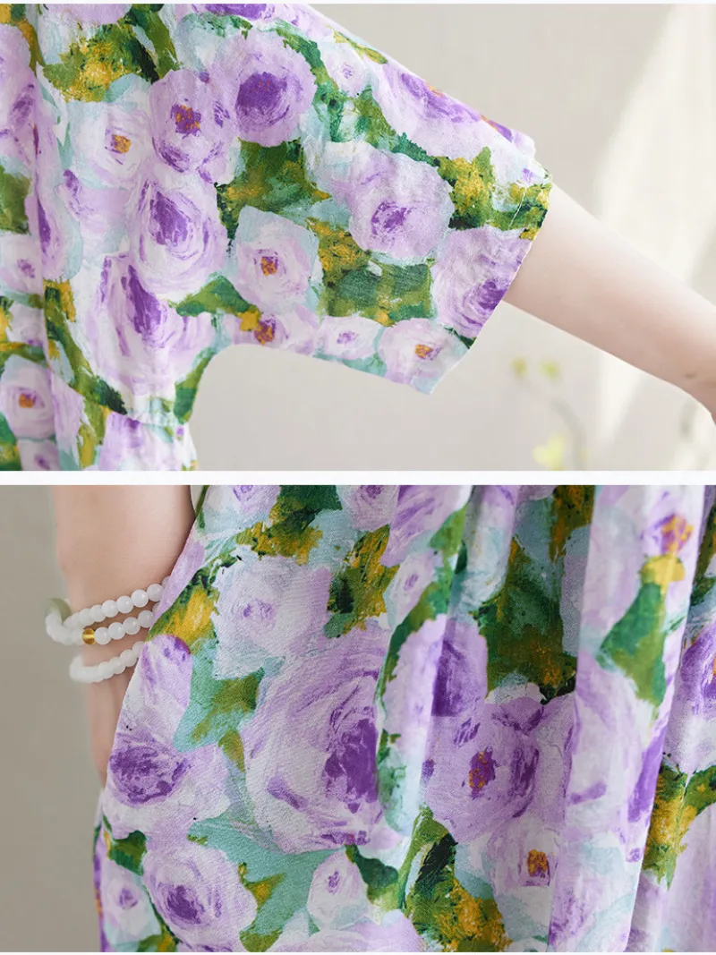 Women's Summer Printed Flower High Waist Smock Dress