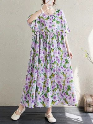 Women's Summer Printed Flower High Waist Smock Dress