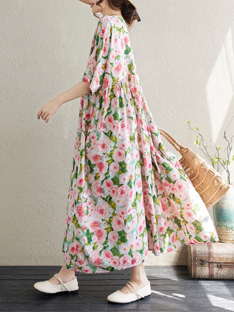 Women's Summer Printed Flower High Waist Smock Dress