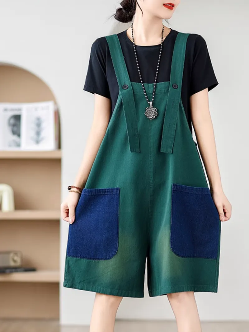 Women's Summer Wear Contrasting Color Overalls Dungarees