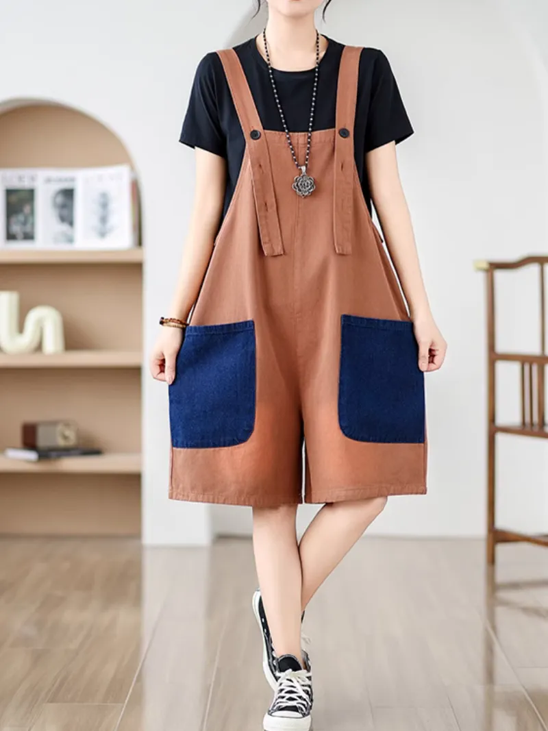 Women's Summer Wear Contrasting Color Overalls Dungarees