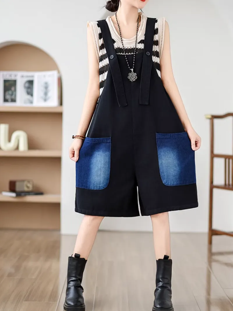 Women's Summer Wear Contrasting Color Overalls Dungarees