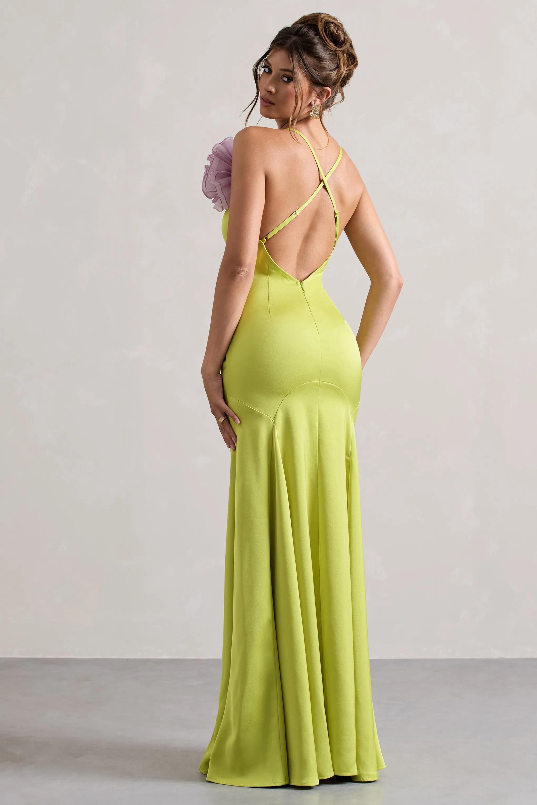 Zamora | Lime Green Plunge-Neck Fishtail Maxi Dress With Corsage